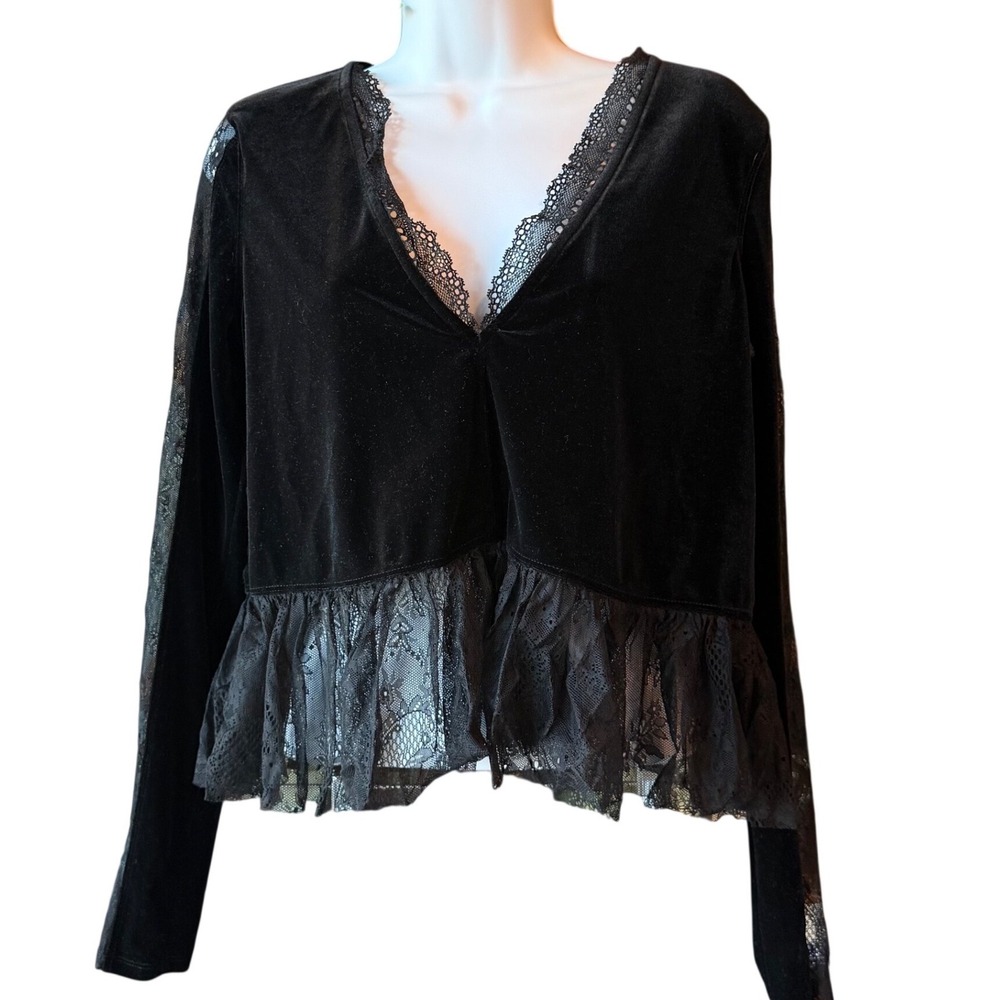Free People Black Velvet Lace Peplum Top Sheer Back Size XSmall - Picture 2 of 9